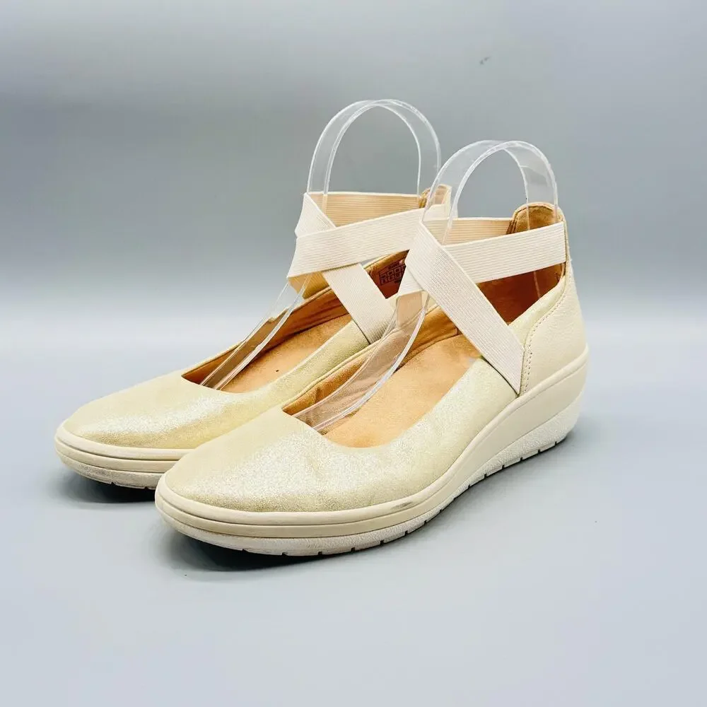 Vionic Shoes Women 6 Beige Leather Ellery Mary Jane Wedge Comfort Flats Orthotic